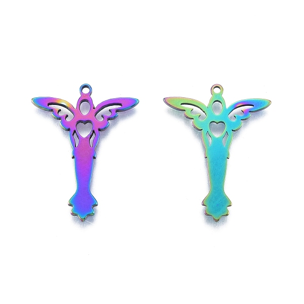 

PandaHall Ion Plating(IP) 201 Stainless Steel Pendant, Angel, Rainbow Color, 32.5x25x1.5mm, Hole: 1.6mm 201 Stainless Steel Angel & Fairy