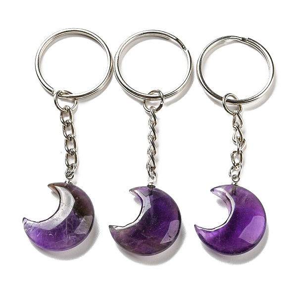 

PandaHall Reiki Natural Amethyst Moon Pendant Keychains, with Iron Keychain Rings, 7.8cm Amethyst Moon