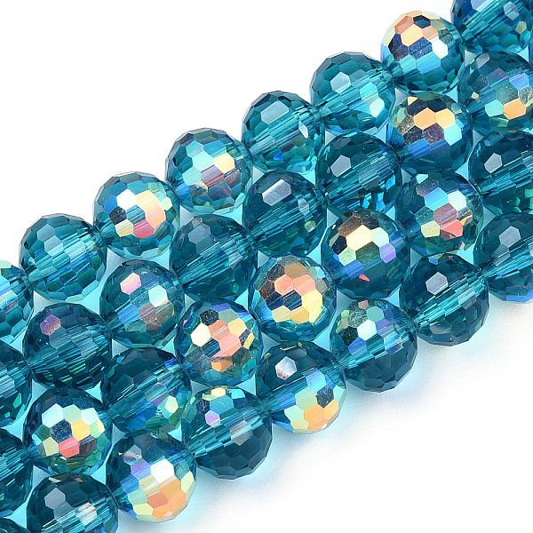 

PandaHall Transparent Electroplate Glass Beads Strands, Faceted, Half AB Color Plated, Round, Dark Cyan, 8x7~7.5mm, Hole: 1.0mm, about 70~71...
