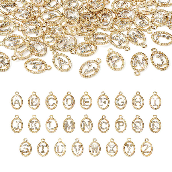 

PandaHall 52Pcs 26 Style Alloy Crystal Rhinestone Pendants, Oval with Alphabet, Letter A~Z, Golden, 20x12.5x1.8mm, Hole: 1.8mm, 2Pcs/style..., Clear