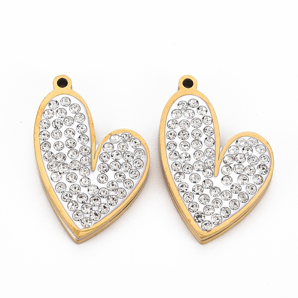 

PandaHall Ion Plating(IP) 201 Stainless Steel Pendants, with Polymer Clay Crystal Rhinestone, Cut, Heart, Golden, 20x13.5x2.5mm, Hole: 1mm..., Clear