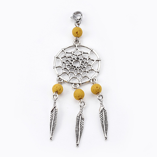

PandaHall Dyed Natural Lava Rock Big Pendants, with Tibetan Style Alloy Findings and 304 Stainless Steel Lobster Claw Clasps, Woven Net/Web..., Gold