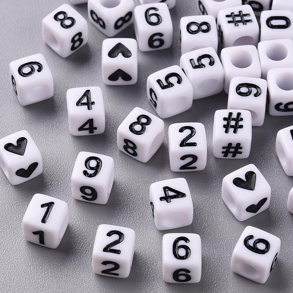 

PandaHall Opaque White Acrylic Beads, Cube with Black Number & Heart, White, 6x6x6mm, Hole: 3.5mm, about 3000pcs/500g Acrylic Cube White