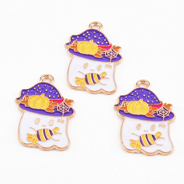 

PandaHall Light Gold Tone Alloy Enamel Pendants, Cadmium Free & Lead Free, Halloween, Ghost with Hat and Candy, White, 25.2x17.8x1.2mm, Hole...