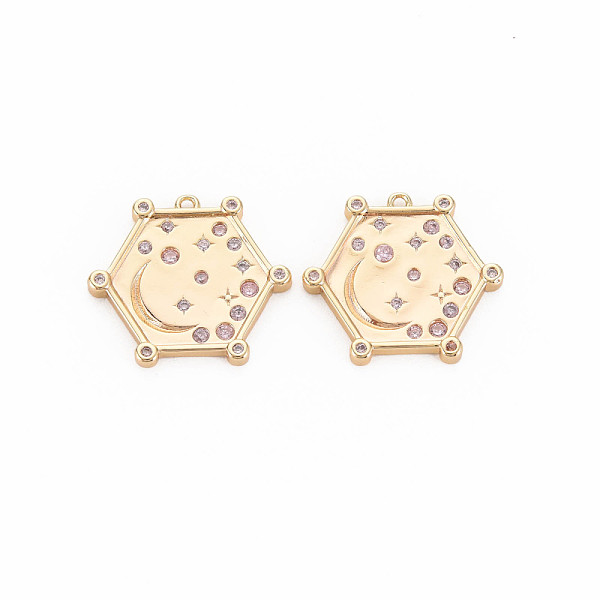 

PandaHall Brass Micro Pave Cubic Zirconia Pendants, Nickel Free, Real 18K Gold Plated, Hexagon with Moon & Star, Pink, 18x20x2.5mm, Hole...