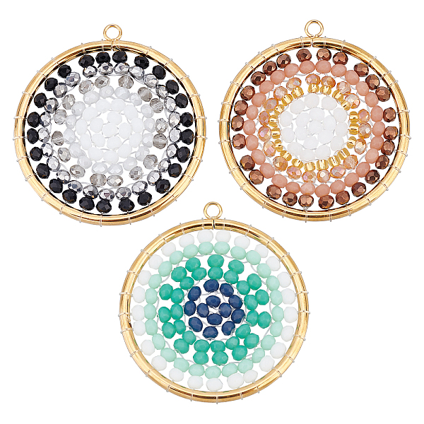 

PandaHall Unicraftale 3pcs 3 colors 304 Stainless Steel Pendants, with Glass Beads, Flat Round with Eye, Mixed Color..., Multicolor