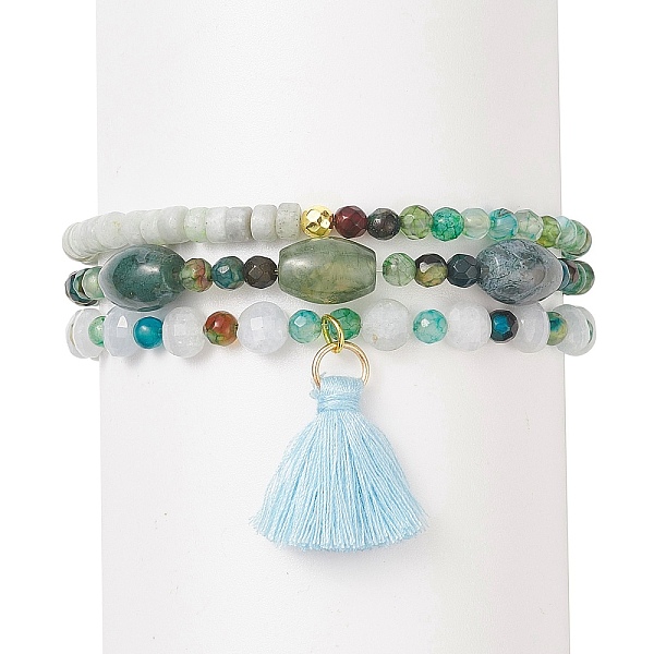 

PandaHall 3Pcs 3 Style Natural Agate & Aquamarine & Celestite Beaded Stretch Bracelets Set, Tassel Charms Stackable Bracelets for Women...