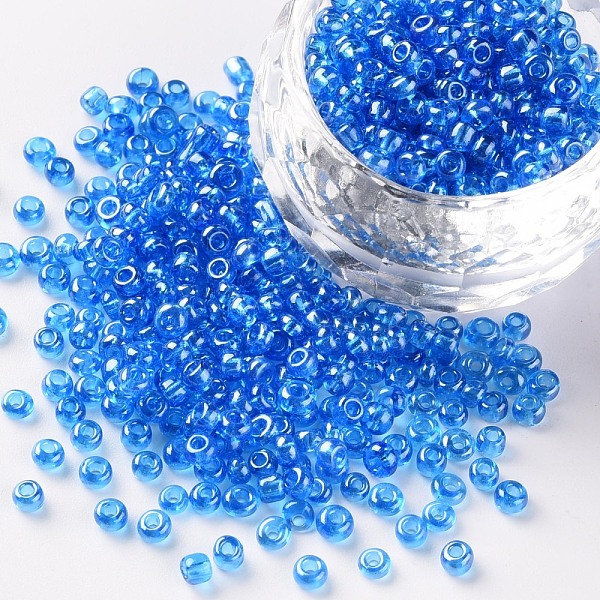 

PandaHall Glass Seed Beads, Trans. Colours Lustered, Round, Light Blue, 3mm, Hole: 1mm, about 1111pcs/50g, 50g/bag, 18bags/2pounds Glass