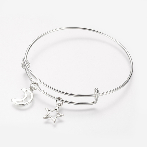 

PandaHall Adjustable Iron Charm Bangles, with Tibetan Style Alloy Charms, Moon, Star, Antique Silver & Platinum, 2-1/2 inch(63mm) Alloy