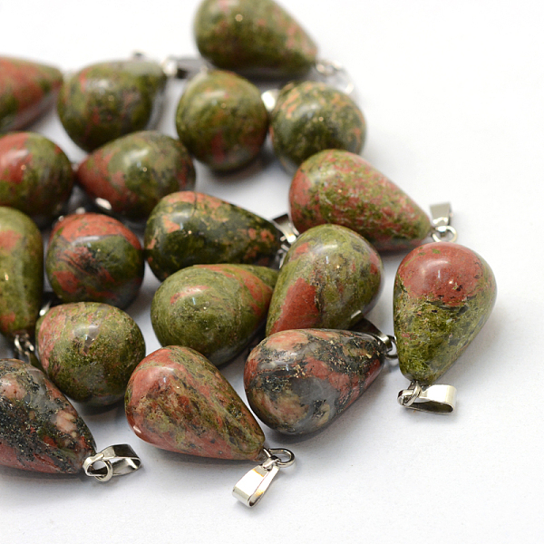 

PandaHall Teardrop Natural Unakite Pendants, with Platinum Tone Brass Findings, 21~24x12~14mm, Hole: 2x7mm Unakite Teardrop