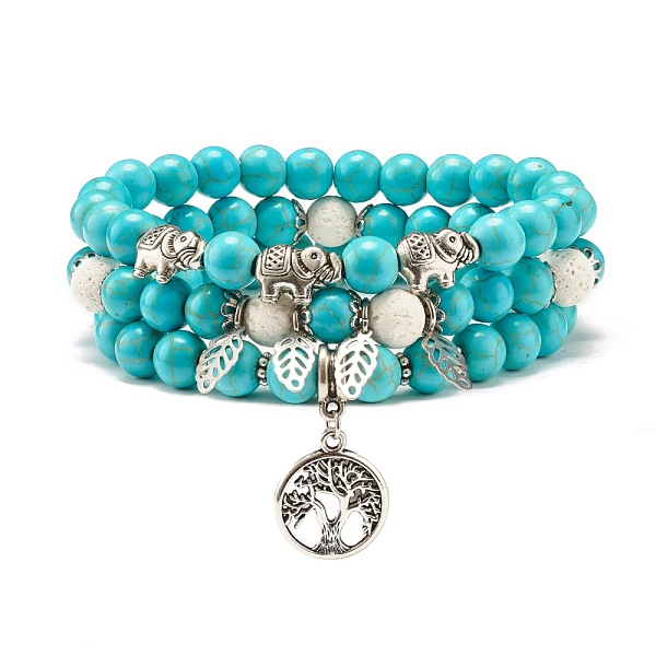 

PandaHall Synthetic Turquoise & Natural Lava Rock Round Beads Stretch Bracelets Set, Gemstone Jewelry with Elephant and Tree of Life for...