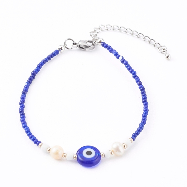 

PandaHall Glass Seed Beaded Bracelets, with Natural Pearl Beads and Evil Eye Lampwork Beads, Blue, 7-1/8 inch(18cm) Glass Evil Eye Blue