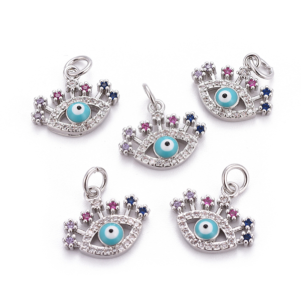 

PandaHall Brass Micro Pave Cubic Zirconia Charms, with Enamel and Jump Rings, Evil Eye, Colorful, Platinum, 13x15x3.5mm, Hole: 3mm...