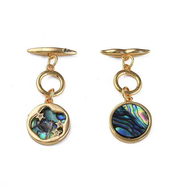 

PandaHall Brass Micro Pave Clear Cubic Zirconia Toggle Clasps, with Synthetic Abalone Shell/Paua Shell, Nickel Free, Flat Round with Star...