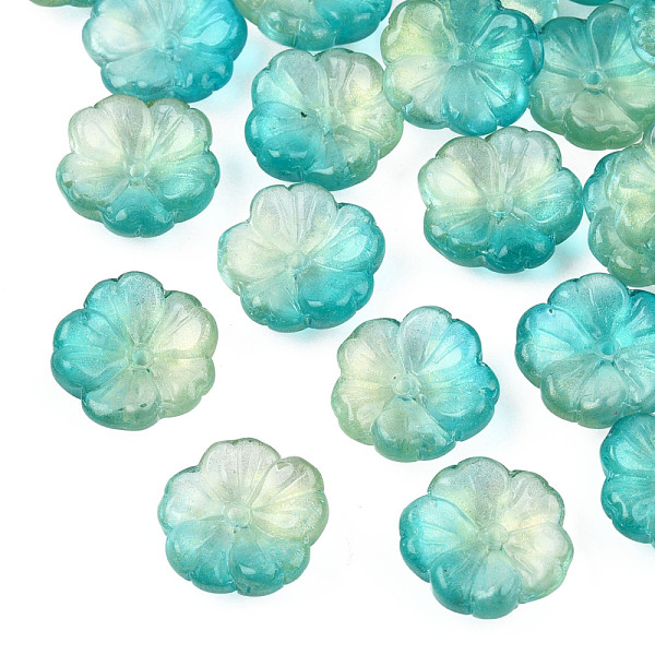 

PandaHall Transparent Spray Painted Glass Beads, with Glitter Powder, Two Tone, Flower, Dark Turquoise, 15x15x6mm, Hole: 1.2mm Glass