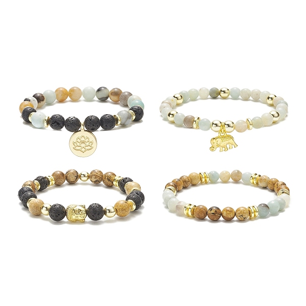 

PandaHall 4Pcs 4 Style Natural & Synthetic Mixed Gemstone & Buddhist Head Beaded Stretch Bracelets Set, Lotus & Elephant Alloy Charms...