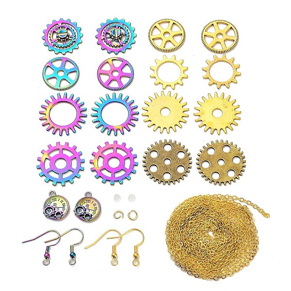 PandaHall DIY Gear Dangle Earring Making Kits, Including Alloy Pendants & Links Connectors, Brass Cable Chains, Iron & 201 Stainless Steel...