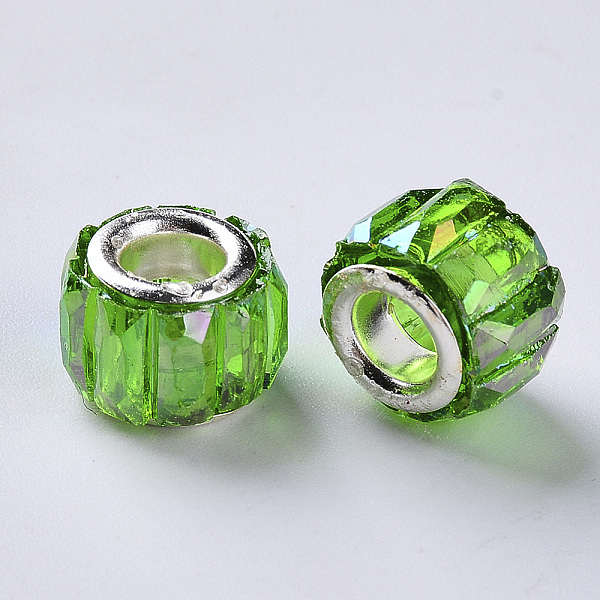 

PandaHall Transparent Resin European Beads, Large Hole Beads, with Silver Color Plated Double Brass Cores, Faceted, AB Color Plated, Column..., Green