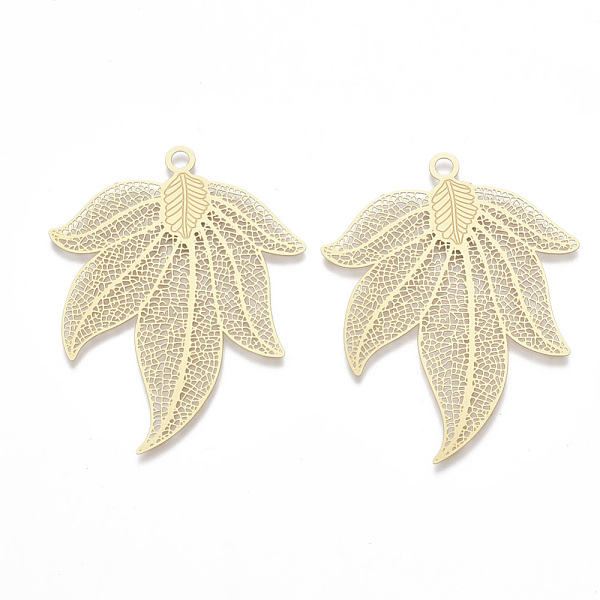 

PandaHall Brass Big Pendants, Etched Metal Embellishments, Matte Style, Leaf, Matte Gold Color, 51x40x0.3mm, Hole: 2.5mm Brass Leaf