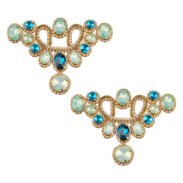 PandaHall 2Pcs Self Adhesive Glass Rhinestone Appliques, Costume Accessories, Flower, Chrysolite, 85x116x7mm Plastic Green