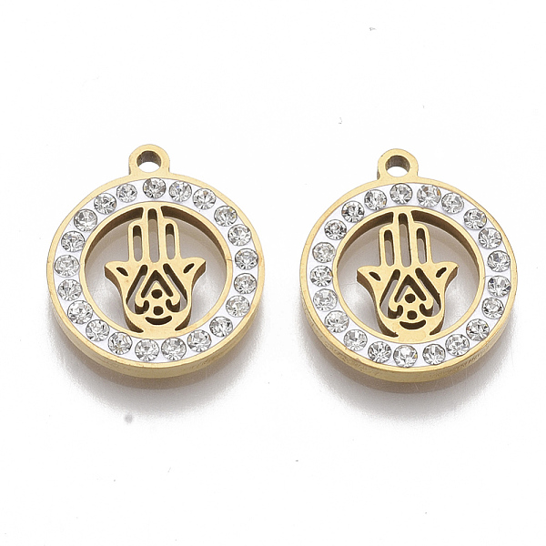 

PandaHall 201 Stainless Steel Pendants, with Polymer Clay Crystal Rhinestone, for Religion, Flat Round with Hamsa Hand/Hand of Fatima/Hand..., Clear