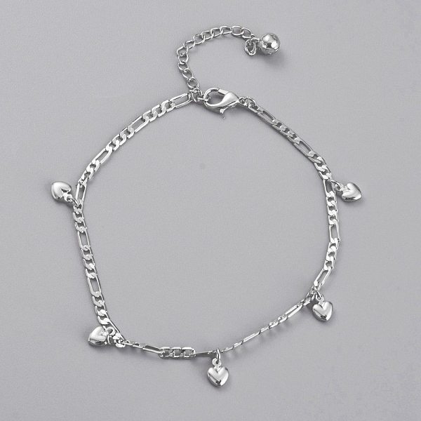 

PandaHall Brass Heart Charm Anklets, with Figaro Chains and Bell Charms, Platinum, 9 inch(22.7cm) Brass