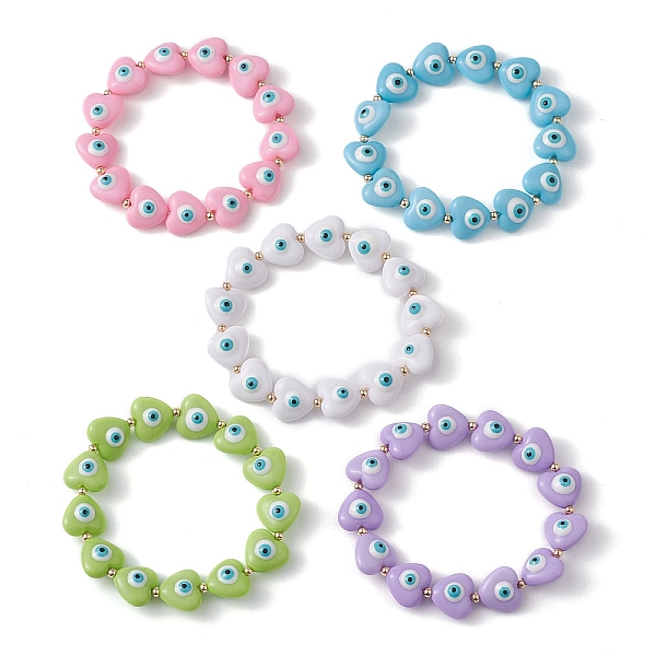 

PandaHall Resin Heart with Evil Eye Beaded Stretch Bracelets, Mixed Color, Inner Diameter: 2 inch(5.2~5.4cm) Resin Heart Multicolor