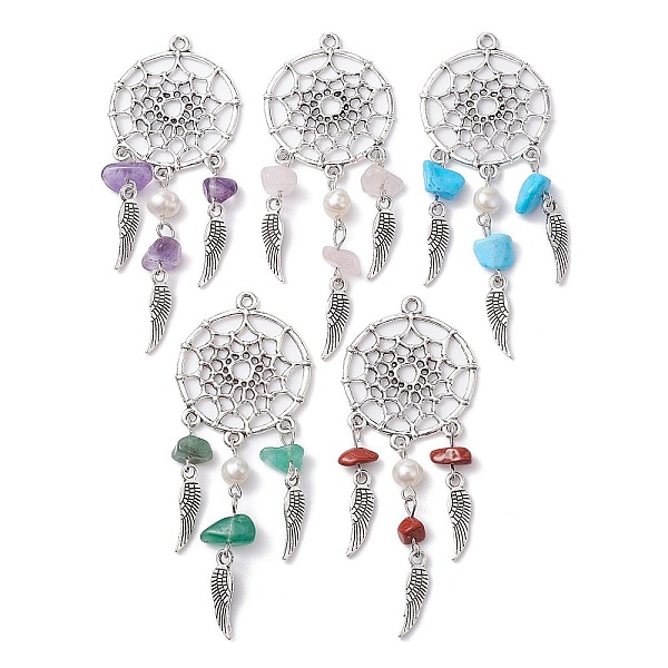 

PandaHall Mixed Gemstone Chip Big Pendants, Antique Silver Plated Alloy Woven Web/Net with Feather Charms, with Natural Cultured Freshwater...