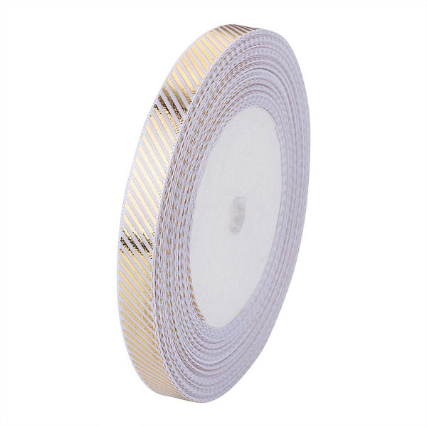 

PandaHall Polyester Satin Ribbon, with Single Face Golden Hot Stamping, Stripe Pattern, White, 10mm, 22.5m/roll Polyester White