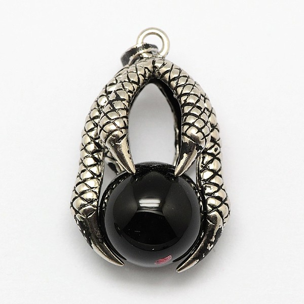 PandaHall Vintage Natural Bezel Black Agate Pendants, with Antique Silver Plated Alloy Findings, Animal Claw with Round Beads, 37x25x16mm...