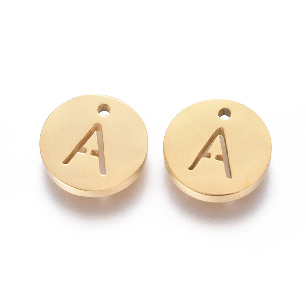 

PandaHall 304 Stainless Steel Charms, Ion Plating (IP), Flat Round, Letter.A, 10x1.5mm, Hole: 1mm 304 Stainless Steel Letter A