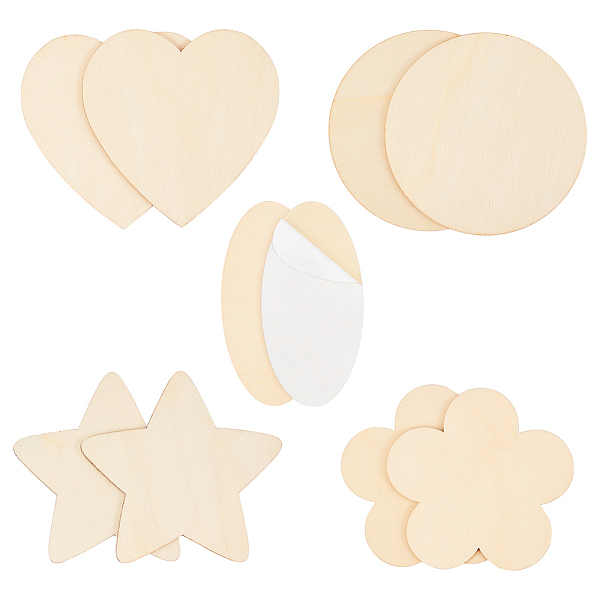 PandaHall 4.7inch 5 Shape Wood Slices 15pcs Heart Star Flower Round Self Adhesive Wood Pieces for Thanksgiving, Christmas, Valentine Day...