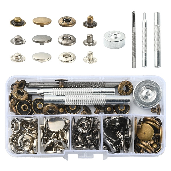 

PandaHall 30 Sets 3 Colors Brass Snap Button Kits, with 1 Set 45# Steel Hole Punch Tools, 1Pc Leather Tools, 1Pc 45# Steel Round Base, DIY...