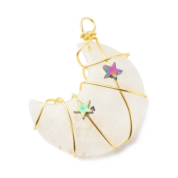 

PandaHall Natural Quartz Crystal Copper Wire Wrapped Pendants, with Electroplate Non-magnetic Star Synthetic Hematite, Golden, Moon...
