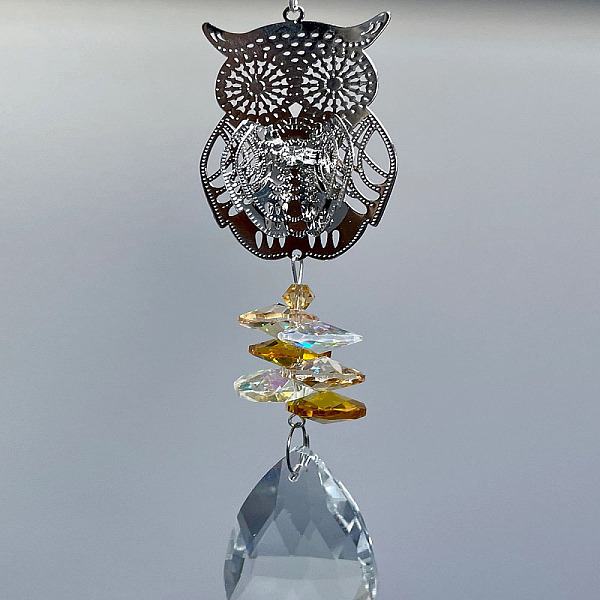 

PandaHall Glass Teardrop Hanging Suncatchers, Rainbow Maker, with Metal Owl Link, for Home Window Decoration, Gold, 350mm Glass Owl Gold