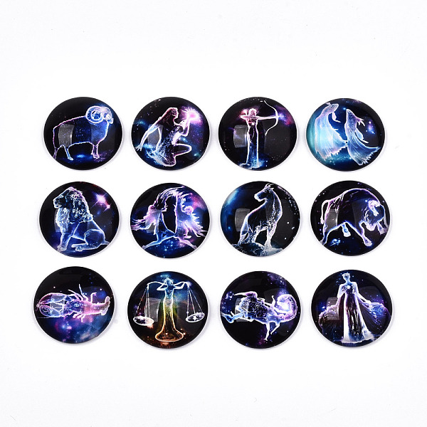 PandaHall Glass Cabochons, Half Round with 12 Constellations, Black, 12 Constellations, 25x7~8mm, 12pcs/set Glass Constellation Black