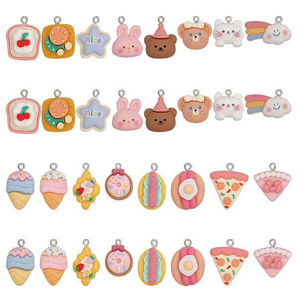 PandaHall CHGCRAFT 32Pcs 16 Style Opaque Resin Pendants, with Platinum Tone Iron Loops, Food/Animal, Mixed Color, 20~27x15~28x5.5~11mm, hole...