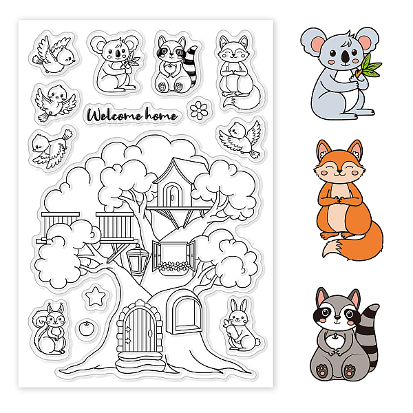 PandaHall GLOBLELAND Forest Animals Clear Stamps Tree House Birds Raccoon Fox Bunny Clear Stamp Seals for Cards Making DIY Scrapbooking...