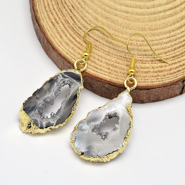 

PandaHall Golden Tone Brass Natural Druzy Geode Agate Dangle Earrings, 50mm, Pin: 0.6mm Natural Agate