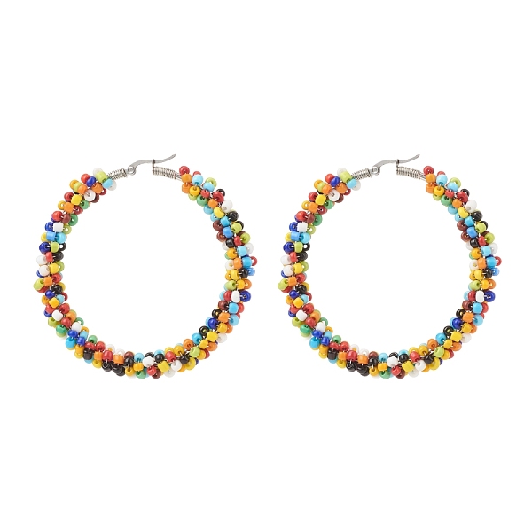 Colorful Glass Seed Braided Big Hoop Earrings