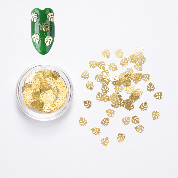 

PandaHall Brass Cabochons, Nail Art Decoration Accessories, Tropical Theme, Monstera Leaf, Golden, 5x3.5x0.1mm, about 100pcs/box Brass Leaf