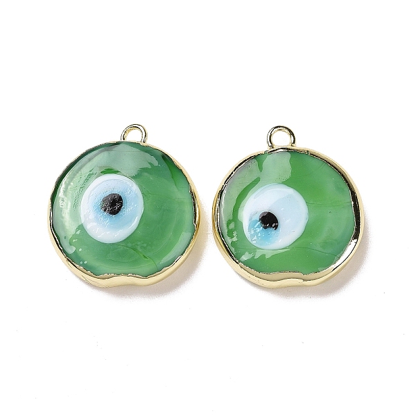 

PandaHall Handmade Lampwork Pendants, with Golden Plated Brass Findings, Cadmium Free & Lead Free, Flat Round with Evil Eye, Green...