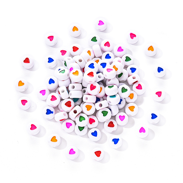 

PandaHall White Opaque Acrylic Beads, Flat Round with Mixed Color Heart Pattern, 7x7x3.5mm, Hole: 1.8mm, about 100pcs/bag Acrylic Flat Round..., Multicolor