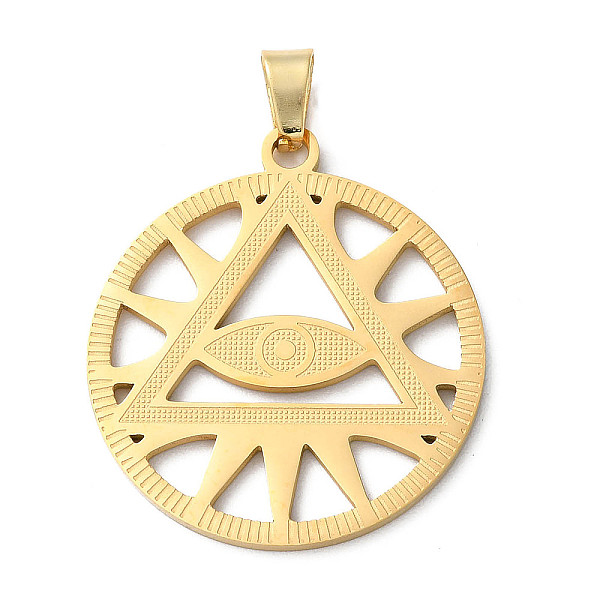 

PandaHall 201 Stainless Steel Pendants, Laser Cut, Flat Round with Eye Charm, Golden, 34x30x1.5mm, Hole: 7x5mm 201 Stainless Steel Flat...