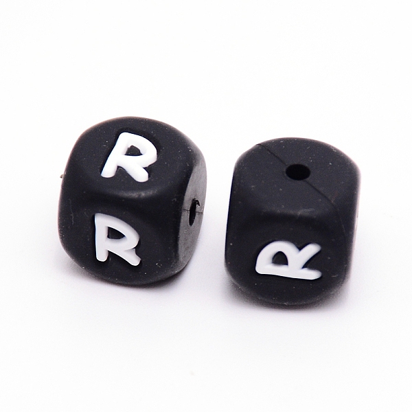 

PandaHall Silicone Beads, Cube with Letter.R, Black, 12x12x12mm, Hole: 2mm Silicone Cube Black