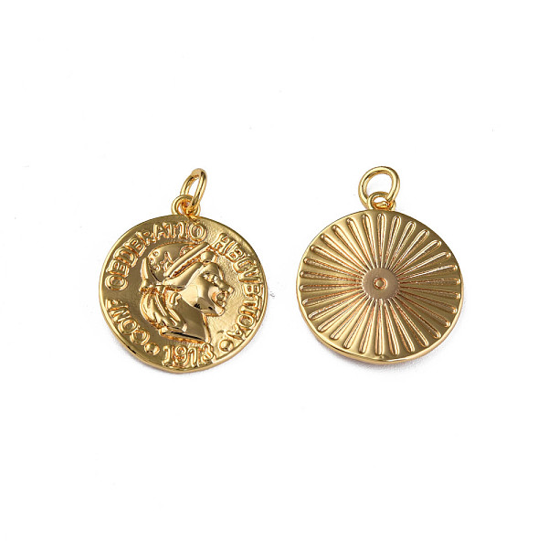 

PandaHall Brass Pendants, with Jump Rings, Nickel Free, Flat Round with Woman, Real 18K Gold Plated, 21x18x2mm, Jump Ring: 5x1mm, 3mm inner...