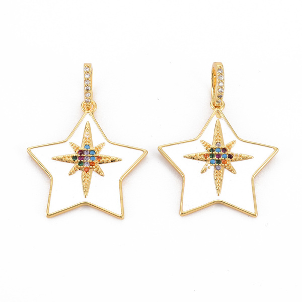 

PandaHall Brass Micro Pave Colorful Cubic Zirconia Pendants, with Enamel, Nickel Free, Real 18K Gold Plated, Star, White, 24x23x2mm, Hole...