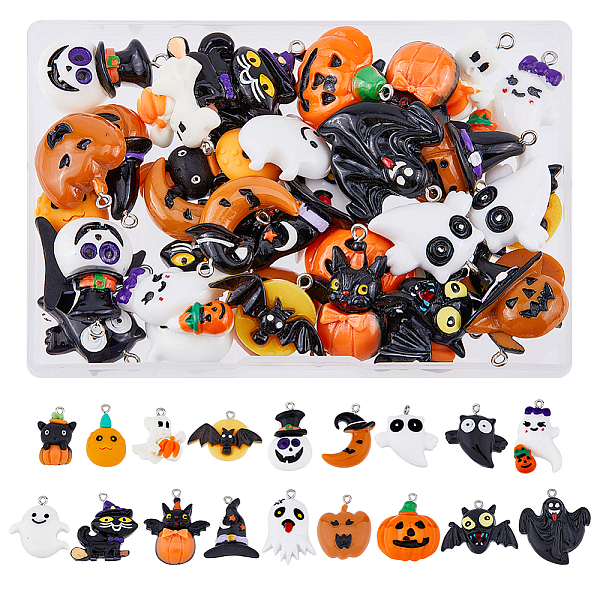 

PandaHall SUPERFINDINGS 40Pcs 20 Styles Opaque Resin Pendants, Halloween Charms, with Platinum Plated Iron Loops, Cat & Bat & Ghost &..., Multicolor