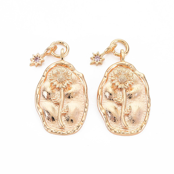 

PandaHall Brass Light Rose Rhinestone Pendants, Birth Flower Charms, Nickel Free, Oval with Star, Real 18K Gold Plated, Sunflower Pattern..., Pink