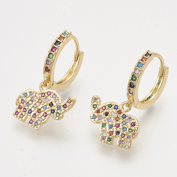 

PandaHall Brass Cubic Zirconia Dangle Hoop Earrings, Elephant, Colorful, Golden, 27mm, Pin: 1mm Cubic Zirconia
